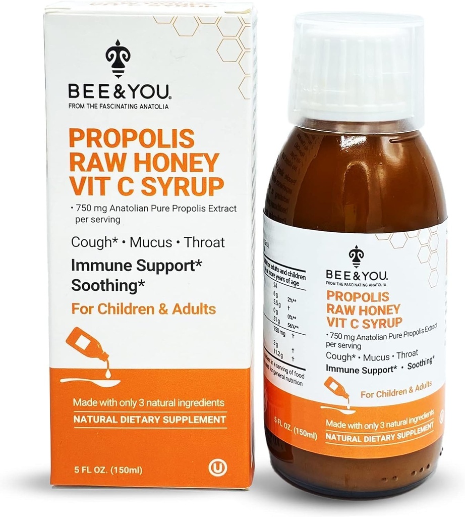 BEE and You Propolis Extract Cough Sirop w/Vitamine C, Miel apaisant, Soutien naturel immunitaire, Mal de gorge, Antioxydants, pour les enfants et les adultes, 5 Fl Oz, pour les hommes et les femmes