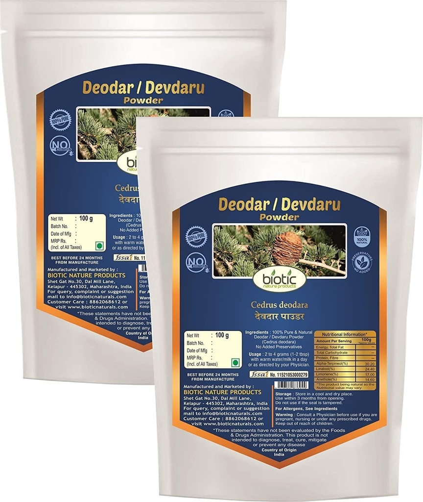 Poudre de Deodar Biotique Veena (Cedrus Deodara) Poudre de Devadaru - 200 gm (paquet de 2)