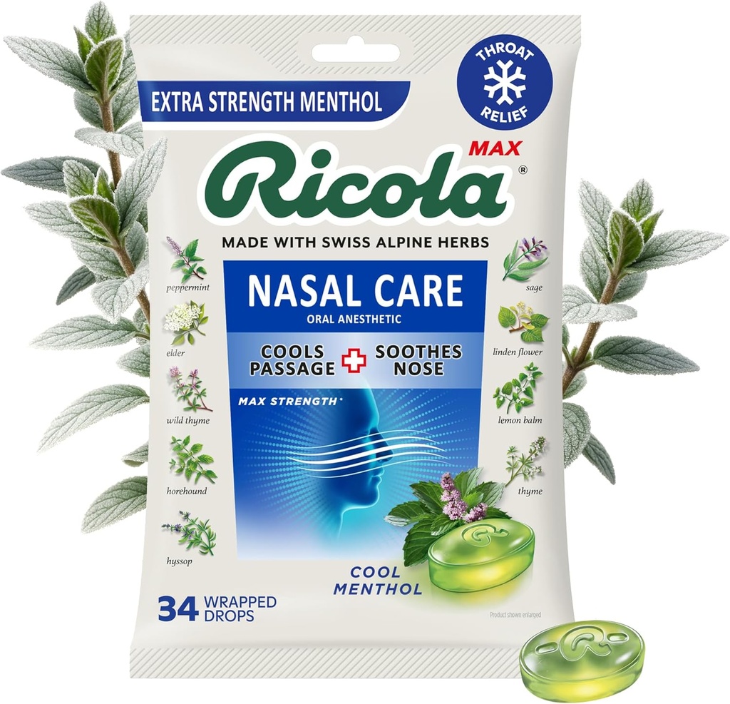 Ricola Max Cool soin nasal menthol grand sac de Toux Supprimant gouttes de Dual Action Liquid Center de Relief apaisant longue durée - 34 Compte (paquet de 1)