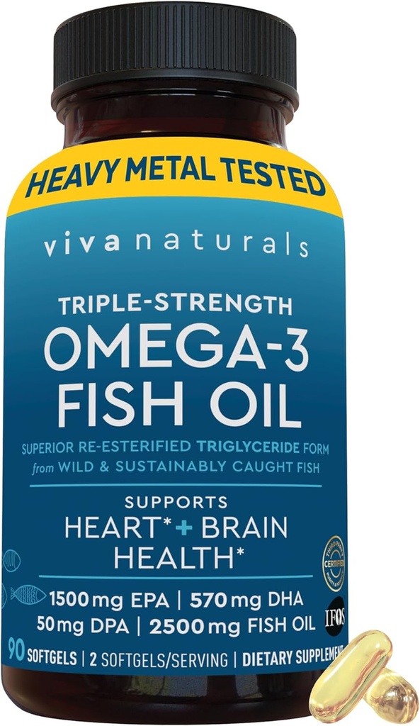 Viva Naturals Triple Strength Omega 3 Pilules d'huile de poisson – Formule à haute puissance de 2500 mg avec acide gras Omega 3 à 2250 mg (y compris EPA, DHA, DPA) sous forme rTG pour absorption – certifié IFOS, 90 Softgels