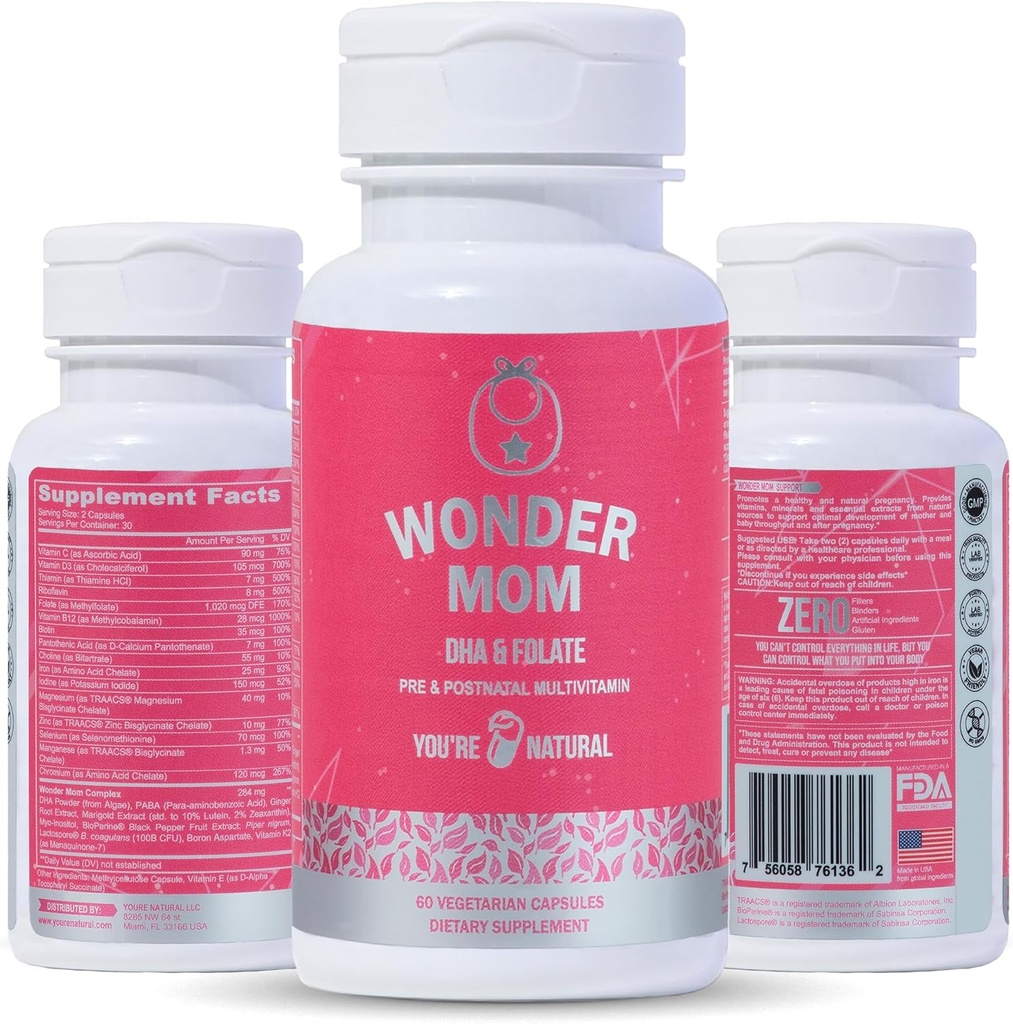 Vitamines prénatales et postnatales premium: Folate, DHA, Choline, Fer, B12, Multivitamine et probiotiques, soutient le développement du cerveau foetal, la grossesse et la santé postpartum, végétalien, non-OGM, sans gluten, 30 jours