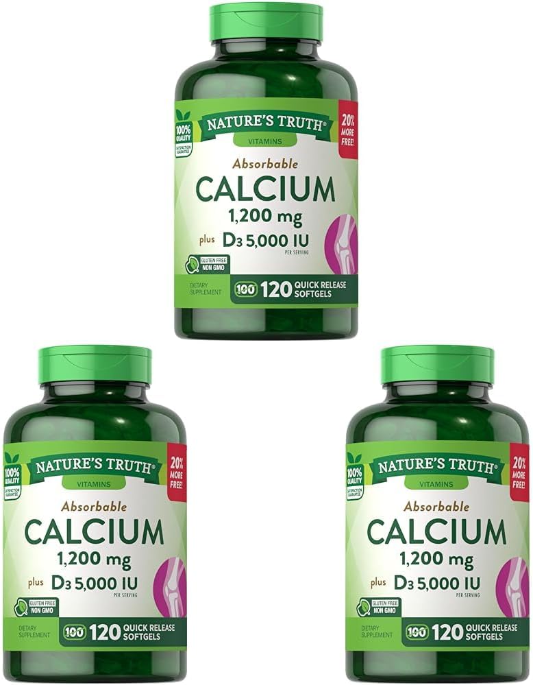 Nature's Truth Absorbable Calcium 1200 mg with Vitamin D3 5000 IU | 120 Softgels | Calcium Carbonate | Non-GMO Gluten Free Supplement (Pack of 3)