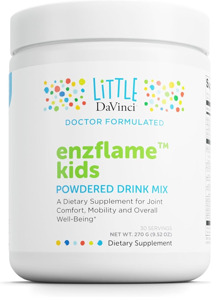Little DaVinci Enzflame Kids - Supplément de mélange de boissons en poudre pour soutenir le confort musculaire et articulaire, la mobilité et la santé immunitaire* - Avec du calcium, du sodium, des enzymes, du DMG et plus encore - Arôme orange - 30 portions