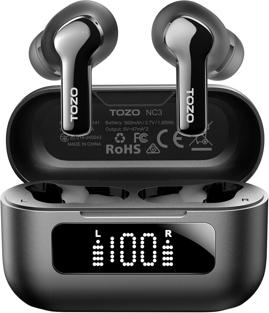 TOZO NC3 Hybrid Active Noise Annuler les écouteurs sans fil avec 6 Mics AI Clear Call Ear Buds 55H Playtime with LED Display 32 Preset EQs via APP Bluetooth 5.3 IPX8 Waterproof in Ear Headphones