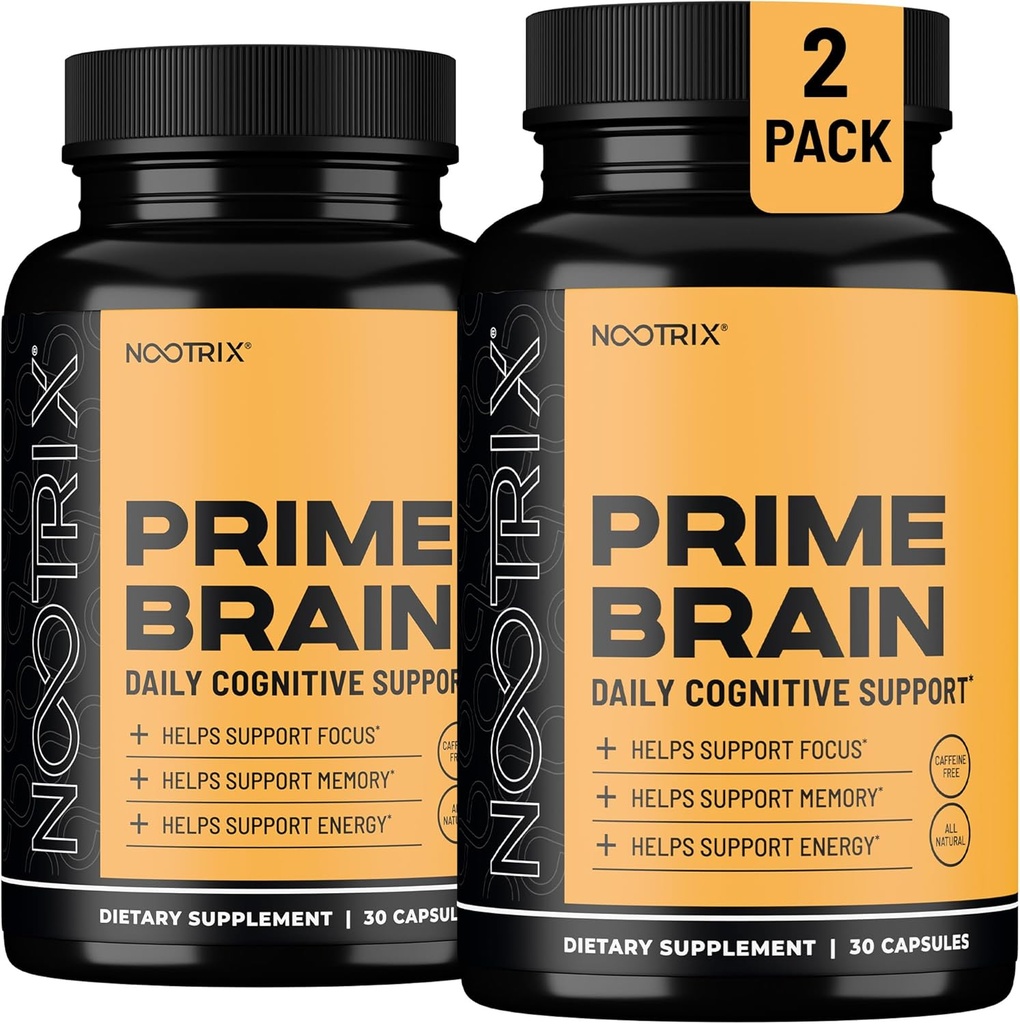 Nootrix Prime Cerveau Supplément Nootropique , soutient la mémoire, la concentration mentale, la santé cognitive et l'énergie , favorise l'humeur saine et la fonction cérébrale , Ginkgo Biloba , Lion's Mane & L Theanine 60 Capsules