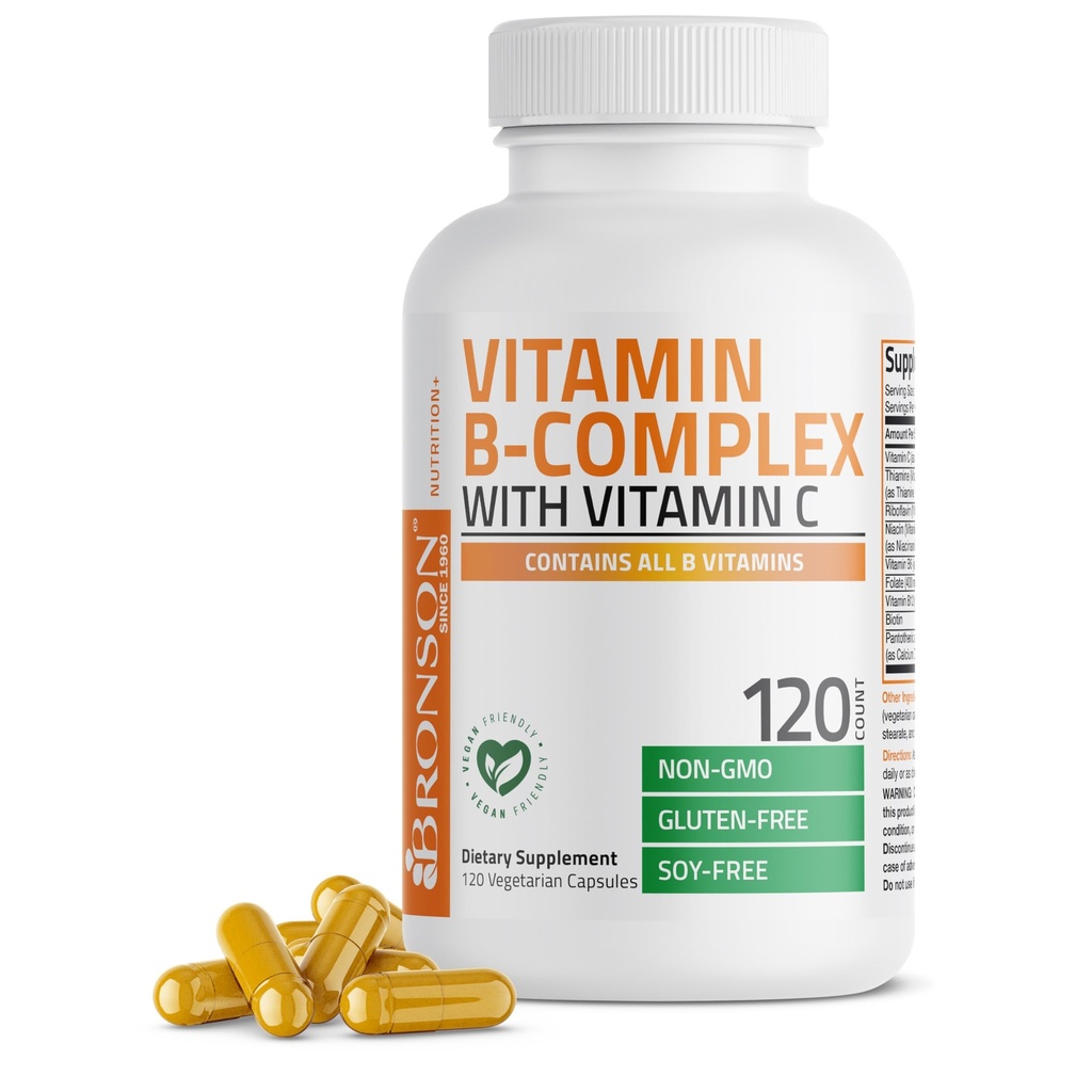 Bronson Complexe Vitamine B avec vitamine C - Immune Santé, Soutien énergétique et système nerveux - Non-OGM, 120 Capsules végétariennes