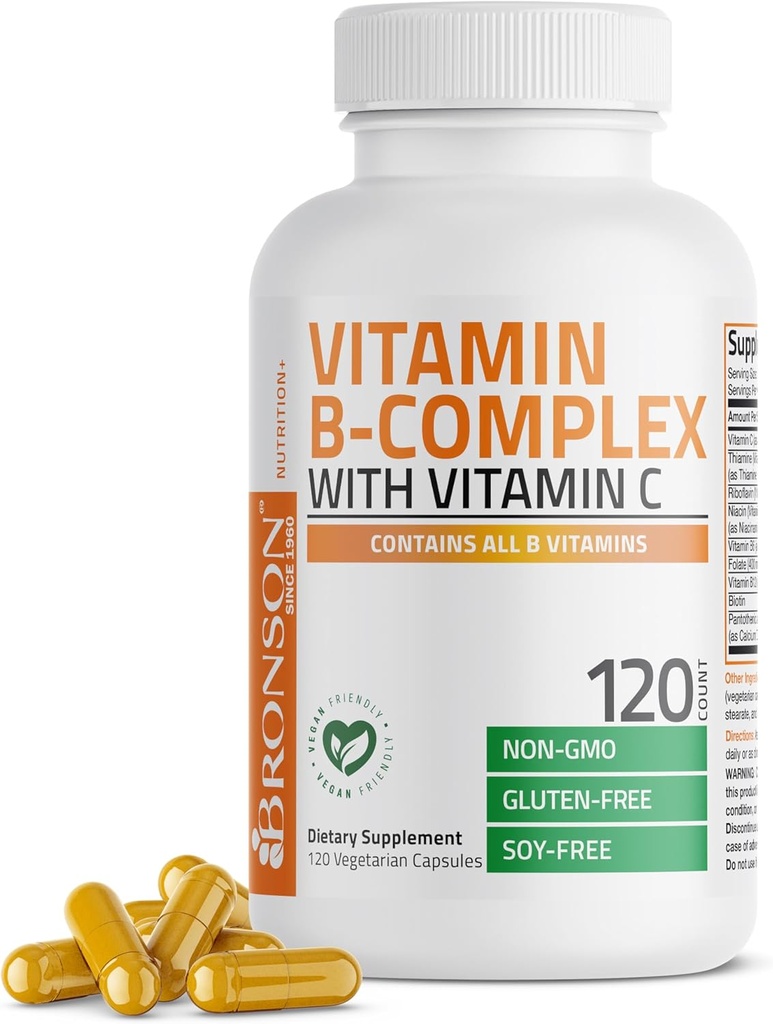 Bronson Complexe Vitamine B avec vitamine C - Immune Santé, Soutien énergétique et système nerveux - Non-OGM, 120 Capsules végétariennes