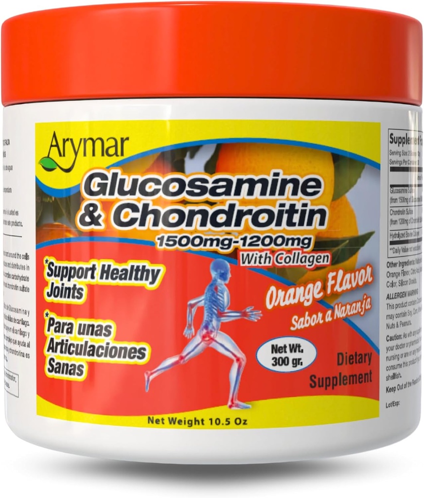Arymar Glucosamine 1500 mg + Chondroitin 1200 mg with Collagen – Orange-Flavored Joint Health Powder, 300 g