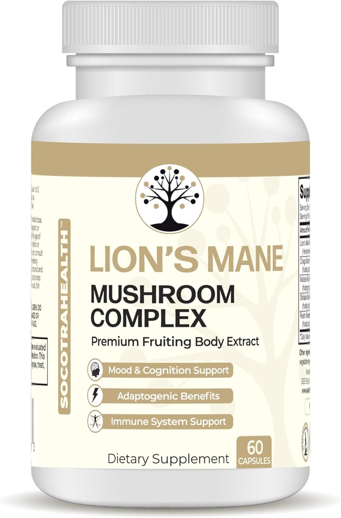 Supplément de champignons Lions Mane - Extrait de corps à fruits premium - avec Chaga, Maitake, Shiitake, Reishi - Mood, Cerveau et Immmune Support, Adaptogène - Non-OGM - 60 Capsules Vegan