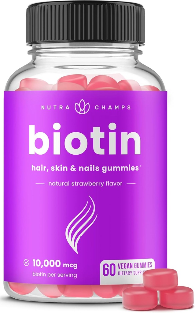 NutraChamps Biotin Gummies 10000mcg [High Potency] pour les cheveux, la peau et les ongles sains Vitamines pour les femmes, les hommes et les enfants - 5000mcg dans chaque Vitamines capillaires Gummy - Vegan, Non-OGM, Supplément santé capillaire