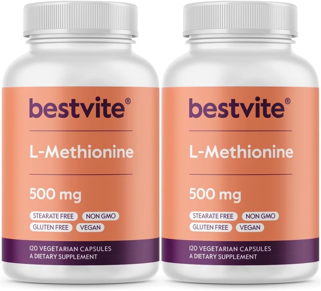 BESTVITE L-Méthionine 500mg (240 gélules végétariennes) (120x2) - Pas de stéarate - Vegan - Non OGM - Sans gluten
