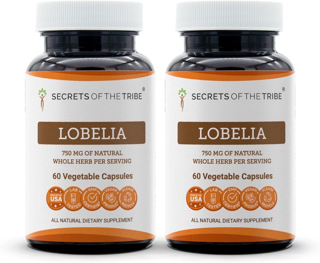 Secrets de la tribu Lobelia 60 Capsules(2 pcs.), 750 mg, Lobelia d'élevage responsable (Lobelia Inflata) Herbe séchée (2x60 Capsules)