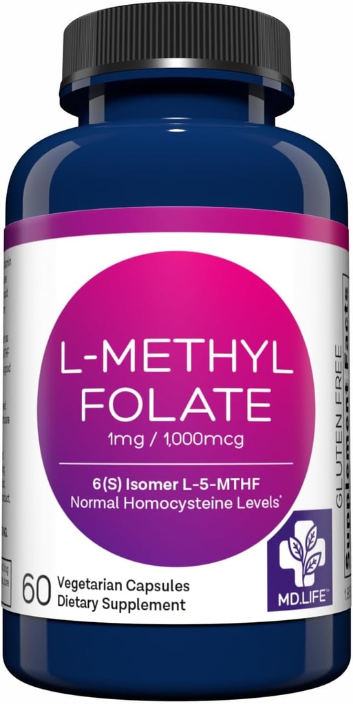 MD Life L Méthylfolate 1mg - Supplément de méthylfolate actif de grade professionnel - Potence maximale MTHFR Suppléments - L méthylfolate 1mg 60 Capsules - Acides aminés essentiels