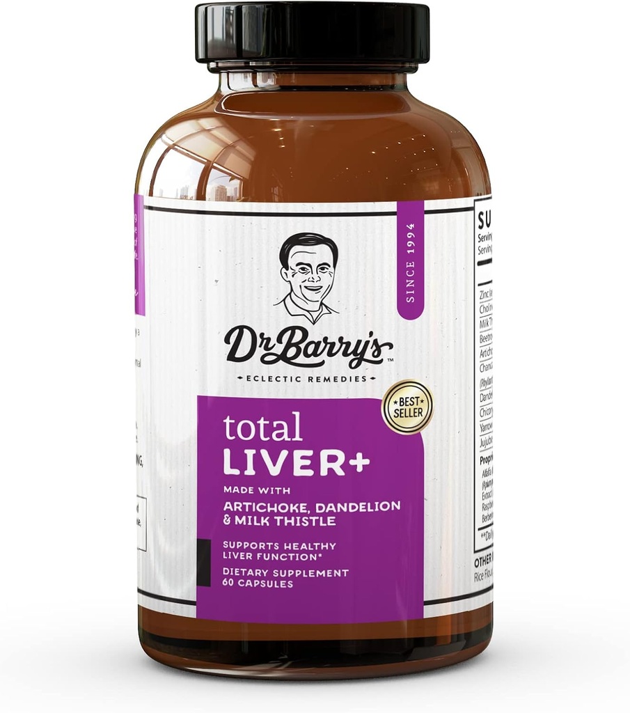 Dr Barry's Total Liver Supplement with Milk Thistle, Artichaut, Dandelion Root, Soutenir la fonction hépatique saine et le nettoyage naturel, Boost Immune System, 60 Capsules