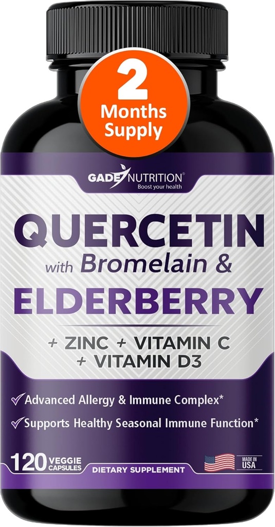 Gade Nutrition Quercetin avec Bromelain & Elderberry. Quercetin avec vitamine C et zinc. Zinc Quercetin 500mg avec vitamine D3.
