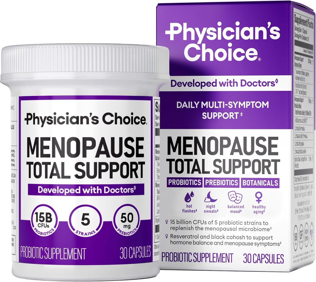 Supplément probiotique de la ménopause de médecin pour les femmes - soutient l'équilibre hormonal, les éclairs chauds, les sueurs nocturnes, la gestion du poids, Bloating & Gut Health - avec Cohosh noir, Resveratrol+ - 30ct