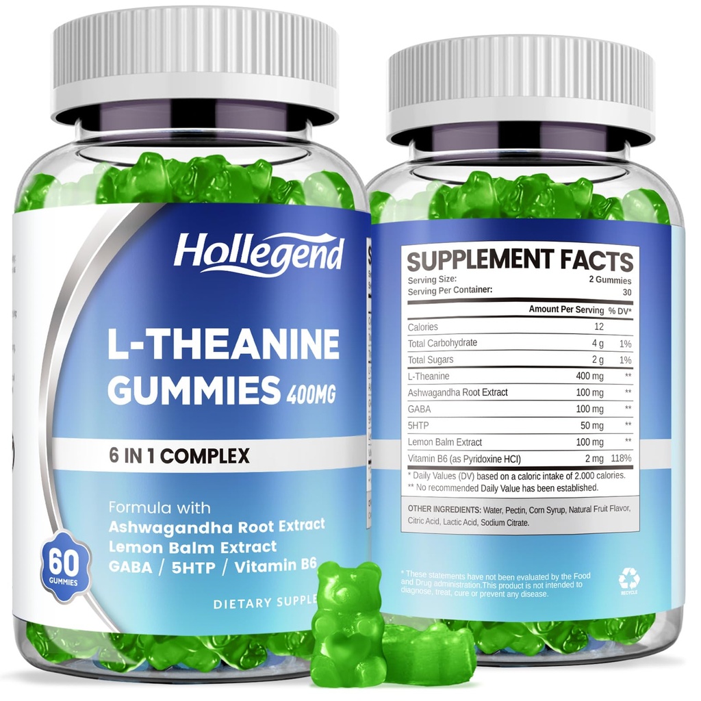 L-Theanine Gummies, l'theanine 400mg avec Ashwagandha, GABA, 5HTP, L-Theanine Supplément à croquer pour la détente, Zzz & Focus Support, Vegan, Lemon Flavor, 120 comtes