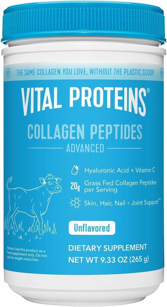 Protéines vitales Supplément en poudre de collagène à l'herbe Peptides hydrolysés avec acide hyaluronique et vitamine C - Sans OGM, sans produits laitiers et sans gluten, 9,33 oz