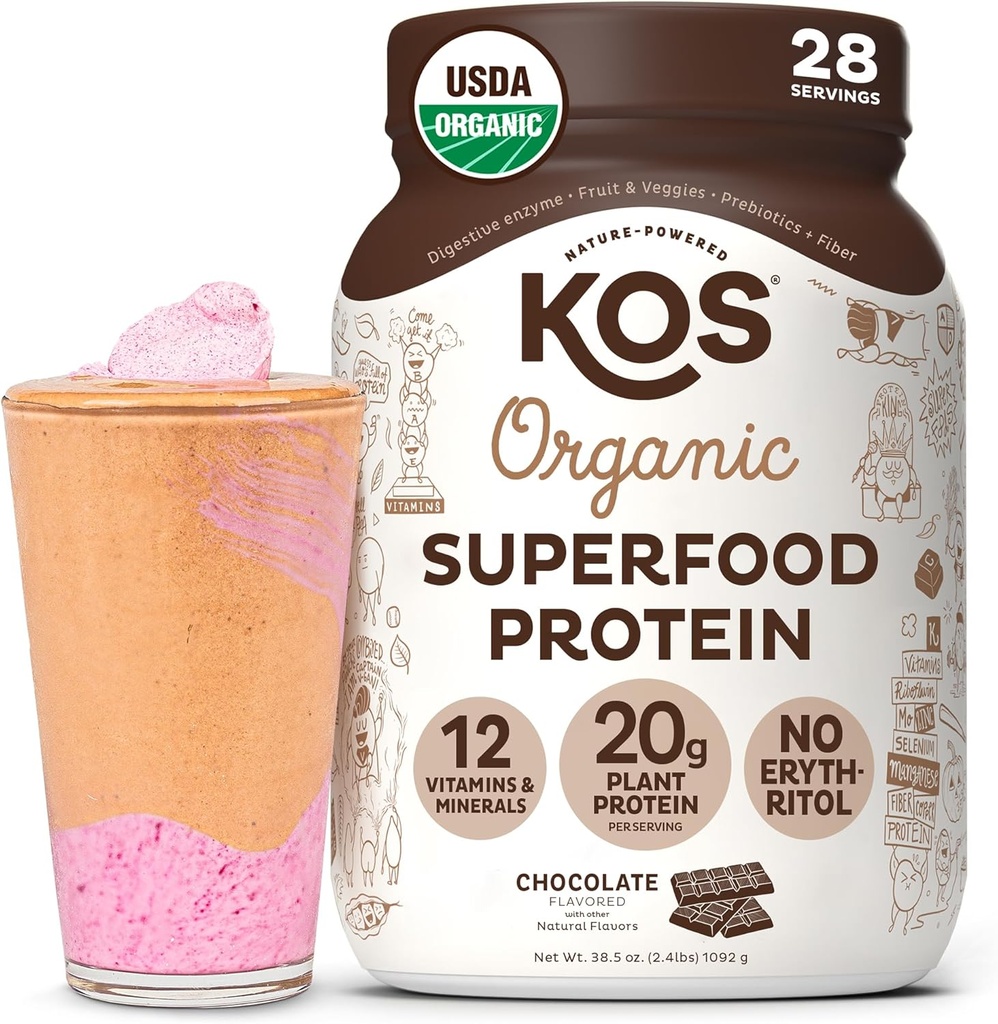 KOS Vegan Protein Powder Erythritol Free, Chocolat - Mélange de protéines de pois organiques, super-aliments à base de plantes riches en vitamines et minéraux - Keto, sans produits laitiers - Remplacement des repas pour les femmes et les hommes, 28 portions