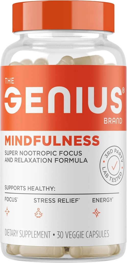 Genius Brand Genius Mindfulness - Supplément Santé du cerveau - soutient les esprits sains - Calme, énergie, mémoire et Focus Support - Ashwagandha, NeuroFactor et plus - 30 pilules Veggie
