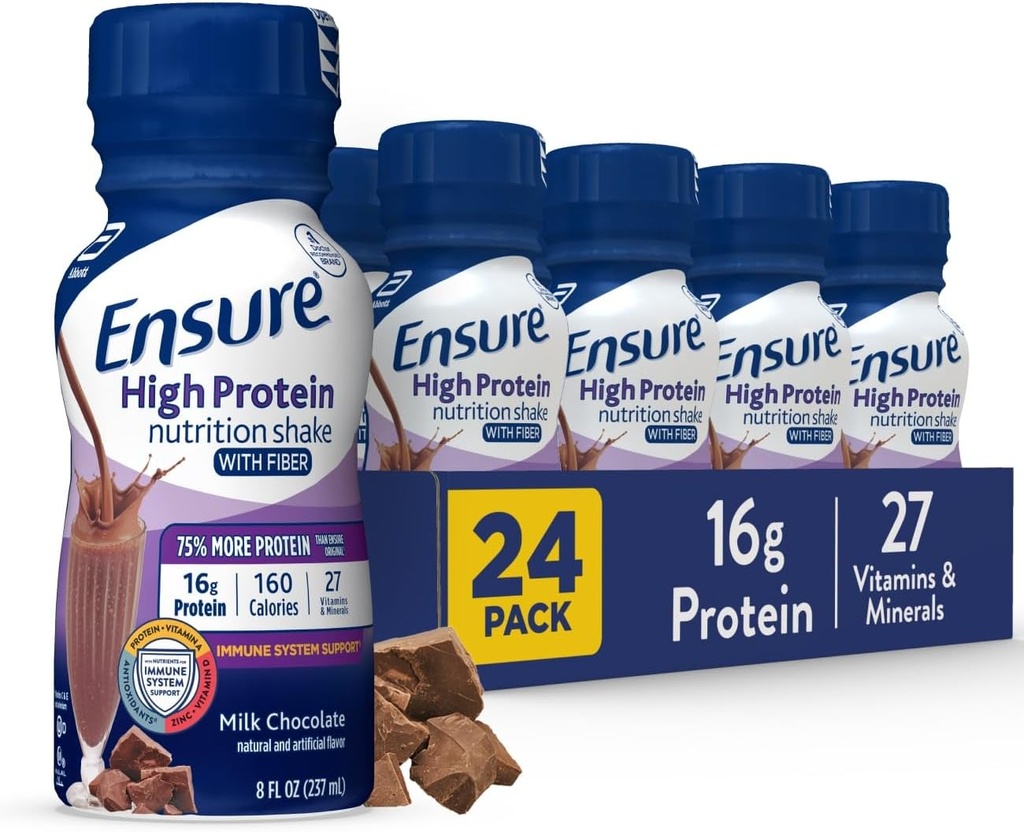 Assurer une nutrition riche en protéines au chocolat au lait agiter avec fibre, prêt à boire, 16g de protéines et 27 vitamines et minéraux, 8 fl oz, 24 Pack