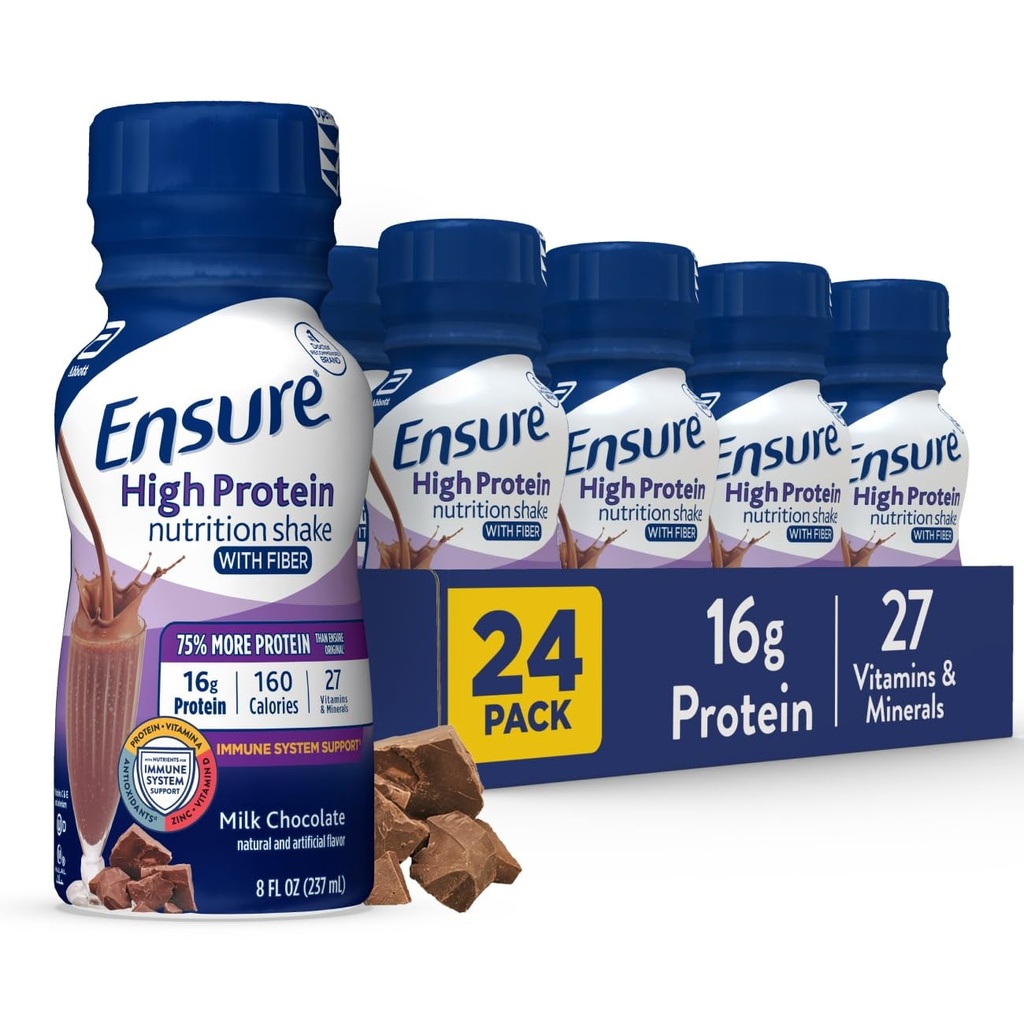 Ensure High Protein Bottled Milk Chocolate Nutrition Shake with Fiber, Ready to Drink, 16g Protein and 27 Vitamins and Minerals, 8 fl oz, 24 Pack