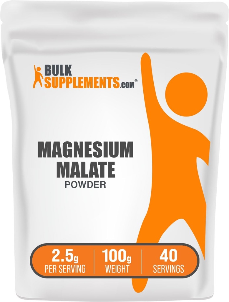 BulkSupplements.com Poudre de malate de magnésium - Suppléments de magnésium, biodisponibilité élevée - Sans aromatisé et sans gluten, 2,5g par portion, 100g (3.5 oz) (paquet de 1)