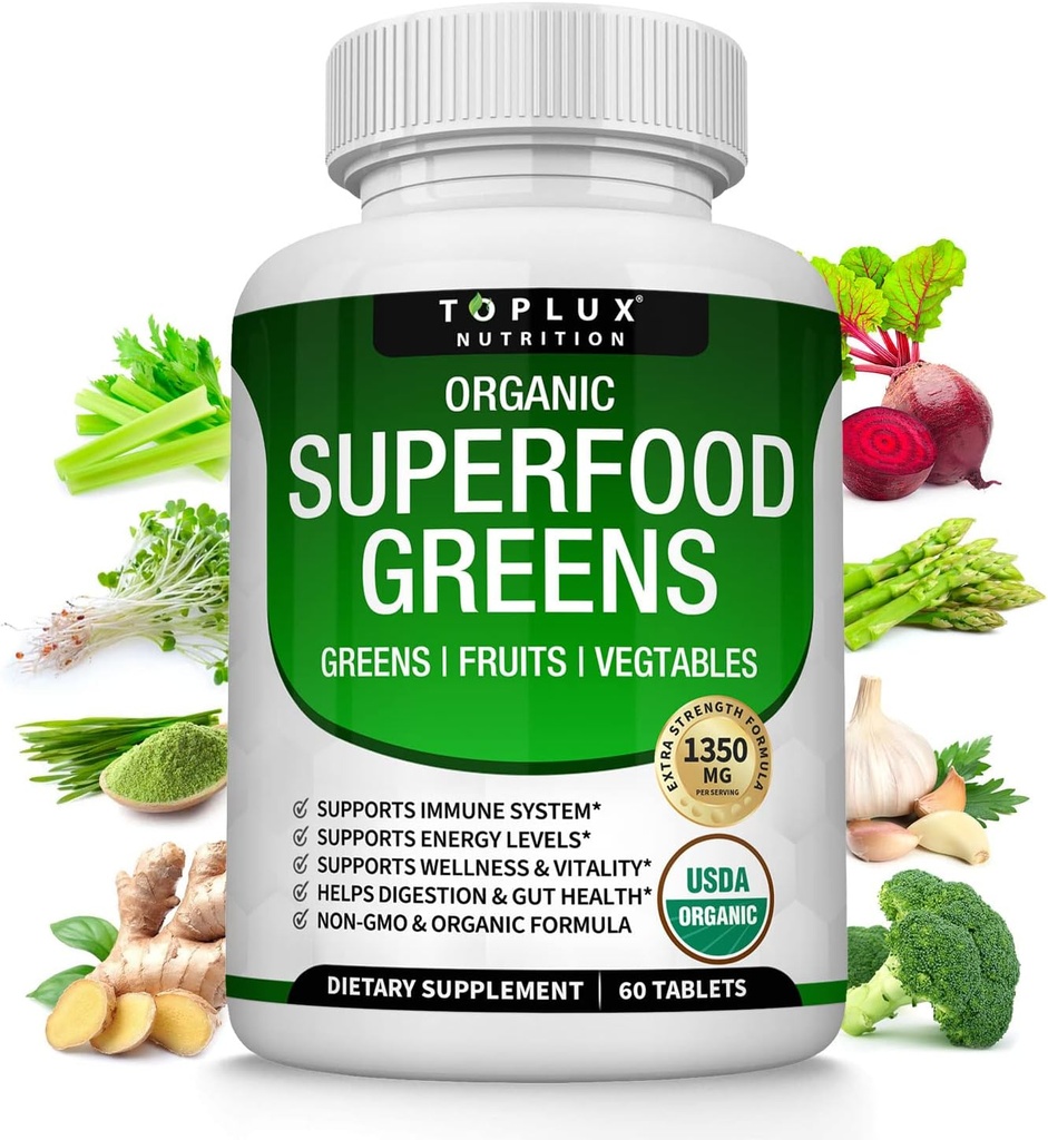 Bio Super Greens Capsules Superfood Fruit Veggie Supplément - 28 puissants ingrédients naturels avec Alfalfa, Beet Root, Tart Cherry & Ginger pour Immune & Energy Support, pour hommes femmes, 60 comprimés