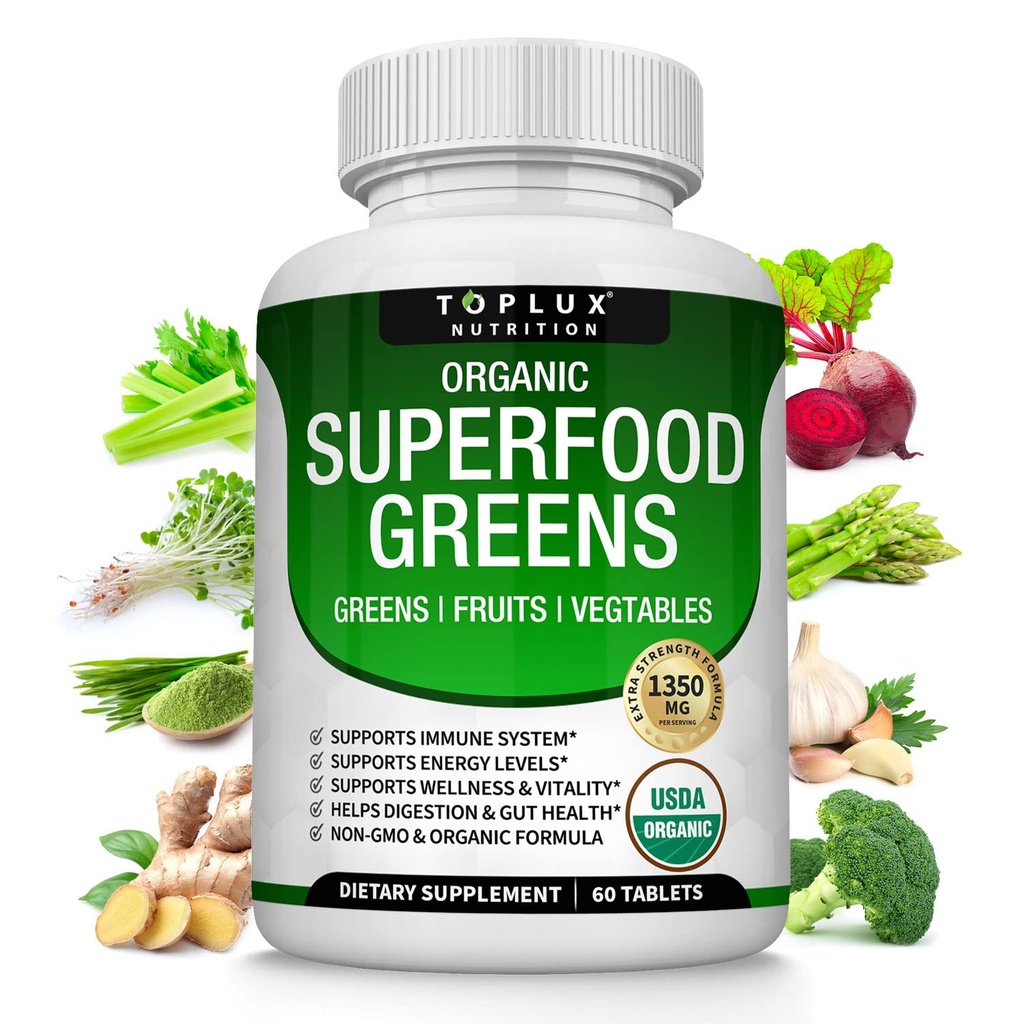 Bio Super Greens Capsules Superfood Fruit Veggie Supplément - 28 puissants ingrédients naturels avec Alfalfa, Beet Root, Tart Cherry & Ginger pour Immune & Energy Support, pour hommes femmes, 60 comprimés