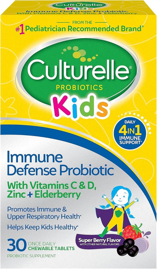 Culturelle Immune Defense Probiotique avec vitamine C, vitamine D et zinc + sureau, non-OGM, 4-en-1 Immune Support pour les enfants de 3 ans et plus*, mélange de baies à croquer, 30 comtes