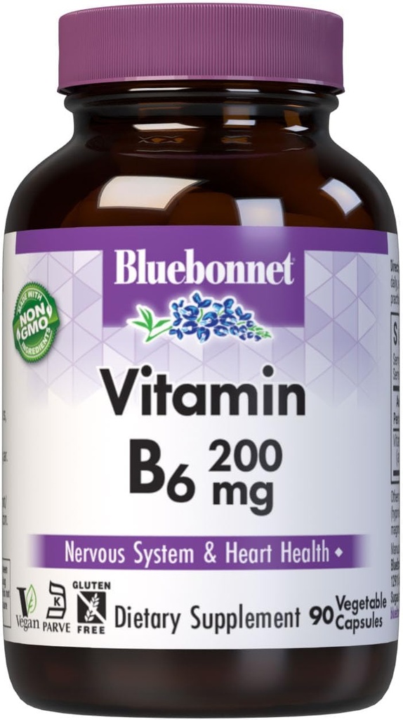 Bluebonnet Nutrition Vitamine B6 Capsules végétales, 200 mg, Pour la santé du système cardiovasculaire et nerveux, sans soja, sans gluten, sans casher, sans lait, végétalien, sans OGM, 90 capsules végétales, 90 portions