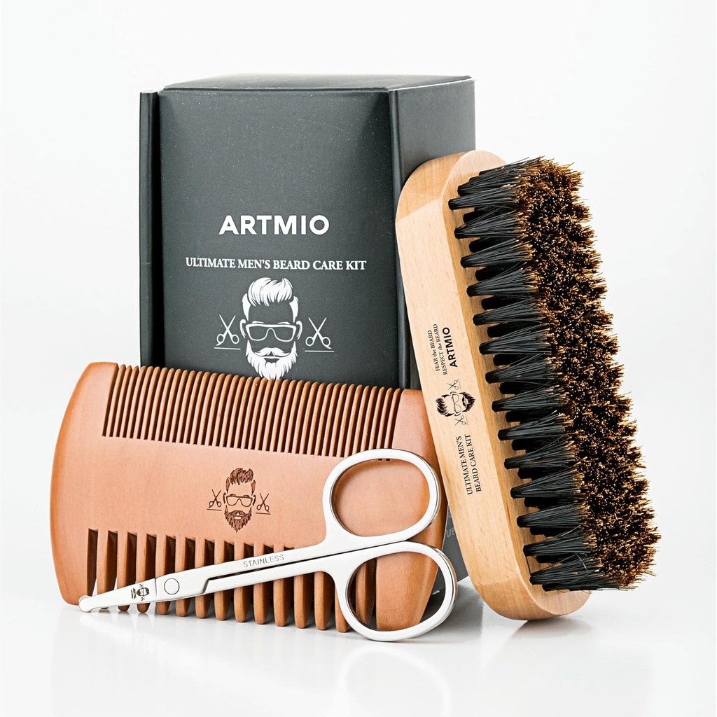 Brosse à barbe, peigne et ciseaux pour l'entretien des barbes pour hommes - Brosse à cheveux et peigne en bois et ciseaux en acier inoxydable - outils de stylage, de toile et de façonnage