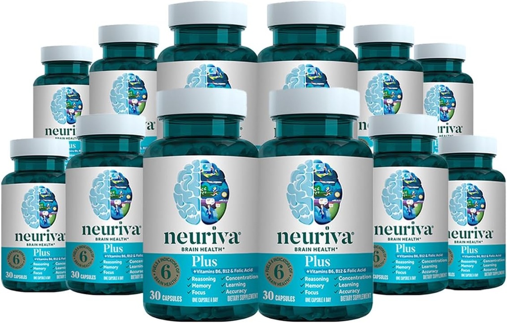 NEURIVA Plus Supplément Cerveau pour la mémoire, la concentration et la concentration + fonction cognitive avec Nootropique cliniquement testée Phosphatidylsérine et neurofacteur, VIT B6 & B12, 30 Capsules de comptage (12 Pack)