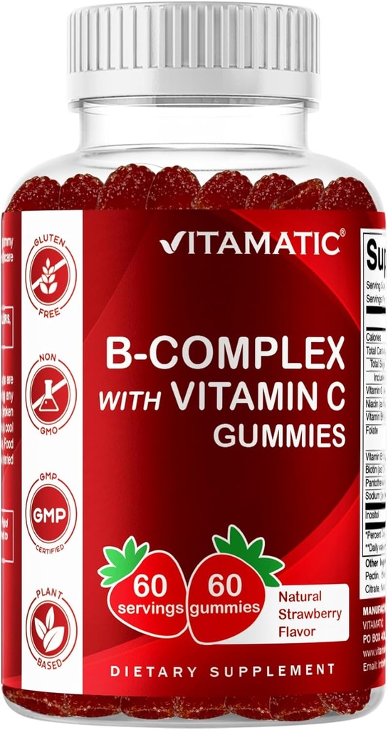 Gommies complexes vitaminiques B avec vitamine C et inositol - Saveur naturelle aux fraises - 60 Gommies (1 bouteille)