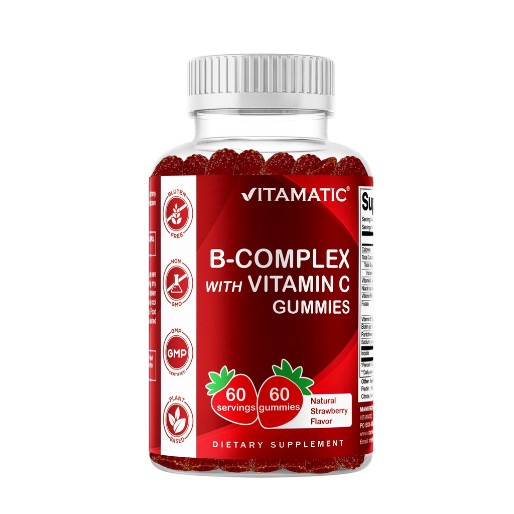 Gommies complexes vitaminiques B avec vitamine C et inositol - Saveur naturelle aux fraises - 60 Gommies (1 bouteille)