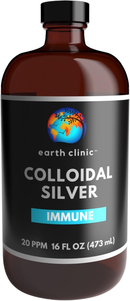Earth Clinic ® Colloidal Silver 20 PPM, 16oz (473mL), Grande bouteille en verre ambre - Support immunitaire