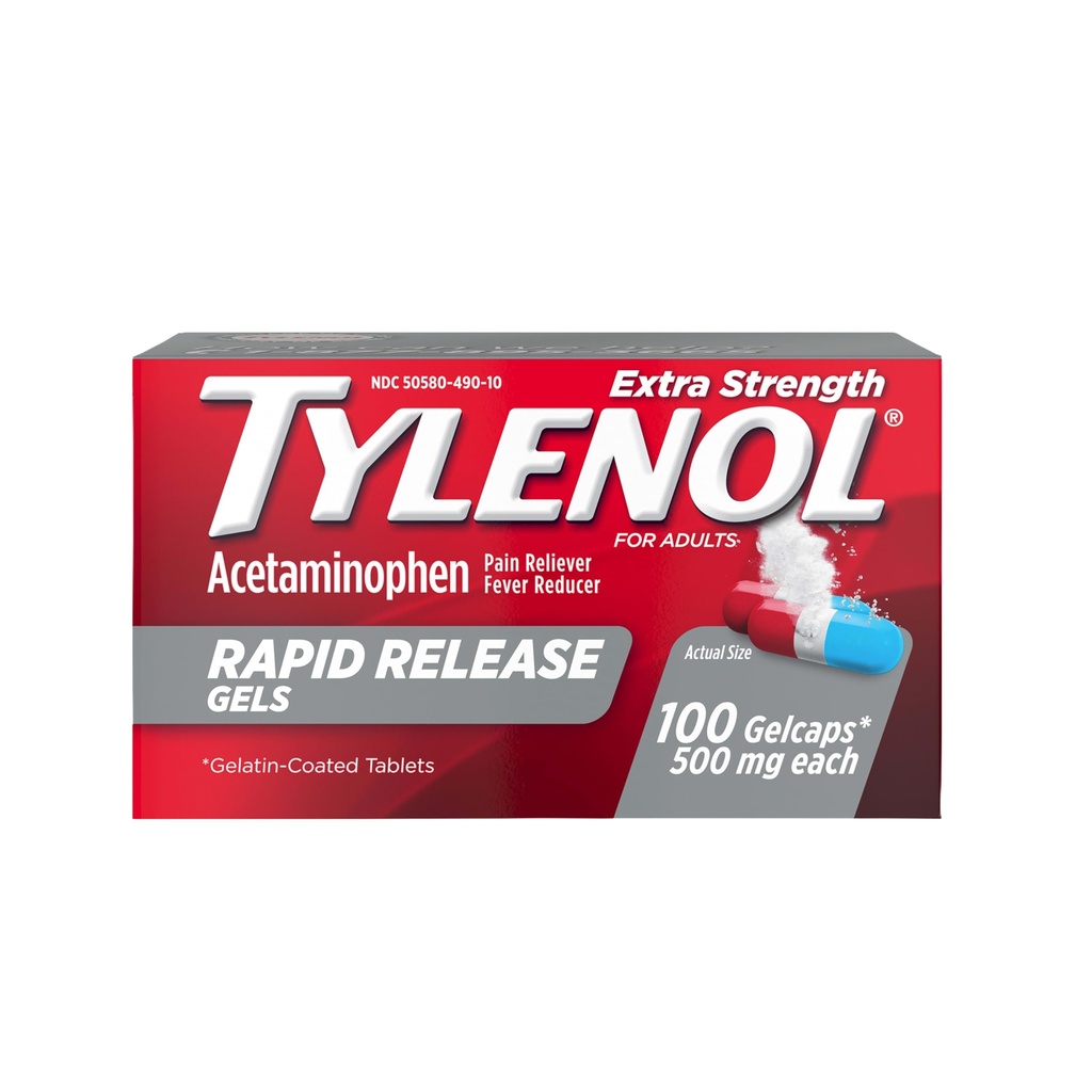 Tylenol Extra Strength Acétaminophène Gels de libération rapide, analgésique et réducteur de fièvre, Gelcaps avec trous percés au laser pour libération rapide, doux sur l'estomac, 500 mg par gelcap, 100 Compte OTC médecine
