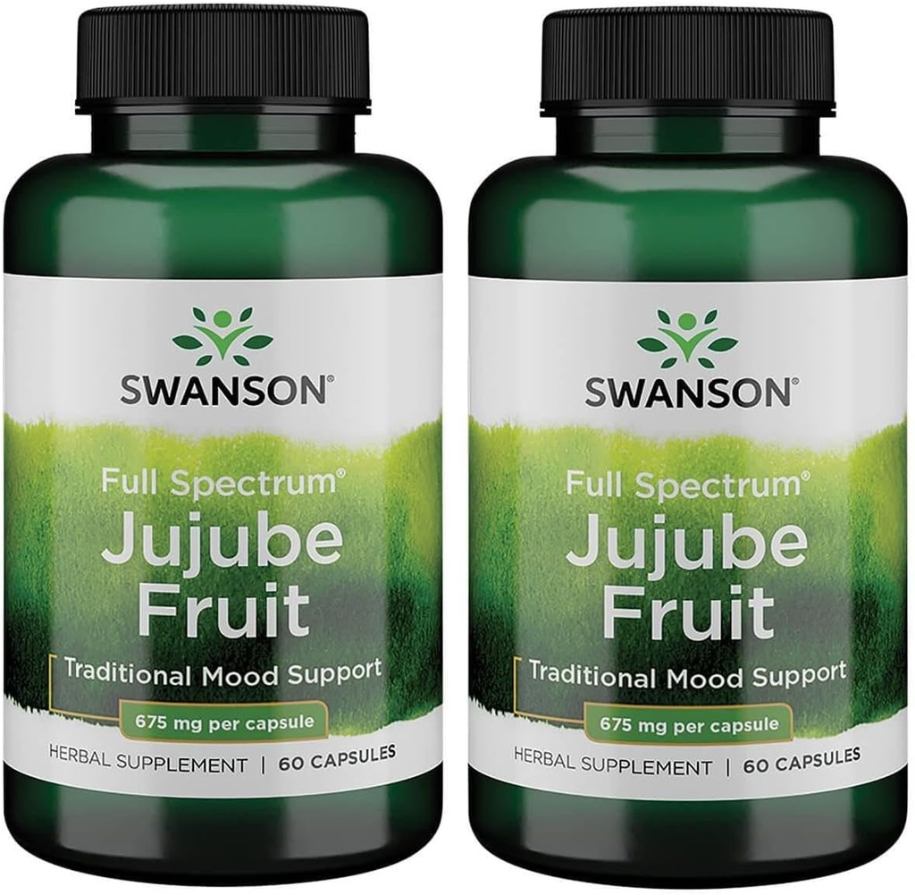 Swanson Jujube Fruit - Supplément à base de plantes à spectre complet Promouvoir un esprit calme et détendu - Formule naturelle soutenant le stress et le soutien de l'humeur - (60 Capsules, 675mg chacune) (2 Pack)