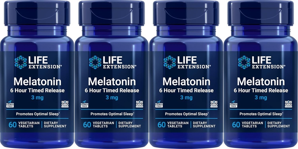 Life Extension Melatonin 6 Hour Timed Release 3 mg, 60 Vegetarian Tablets (Pack of 4)