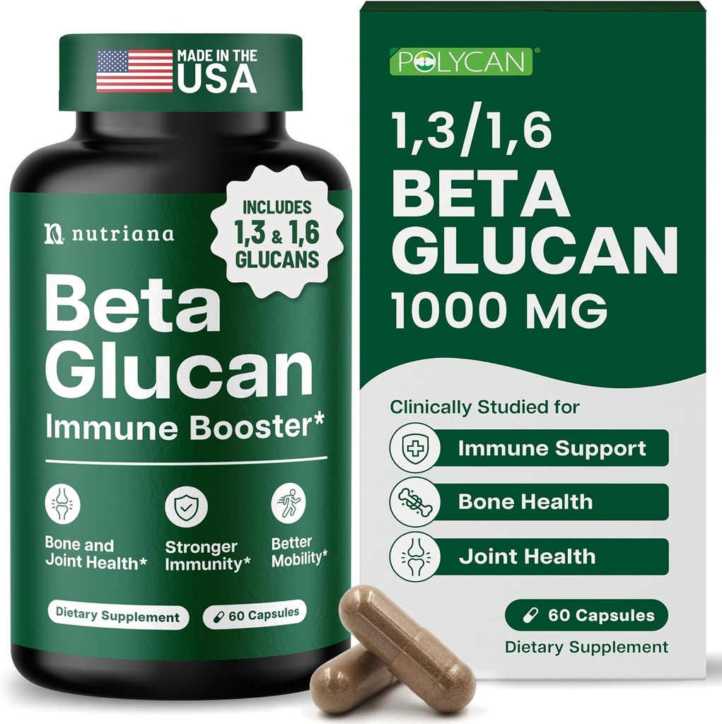Nutriana Beta Glucan Supplements 1000mg – 1,3/1,6D Beta Glucan Capsules pour le soutien immunitaire – Supplément naturel de fibre de bêta Glucans – 60 Capsules de Veggie (60 Nombre, Non aromatisé)