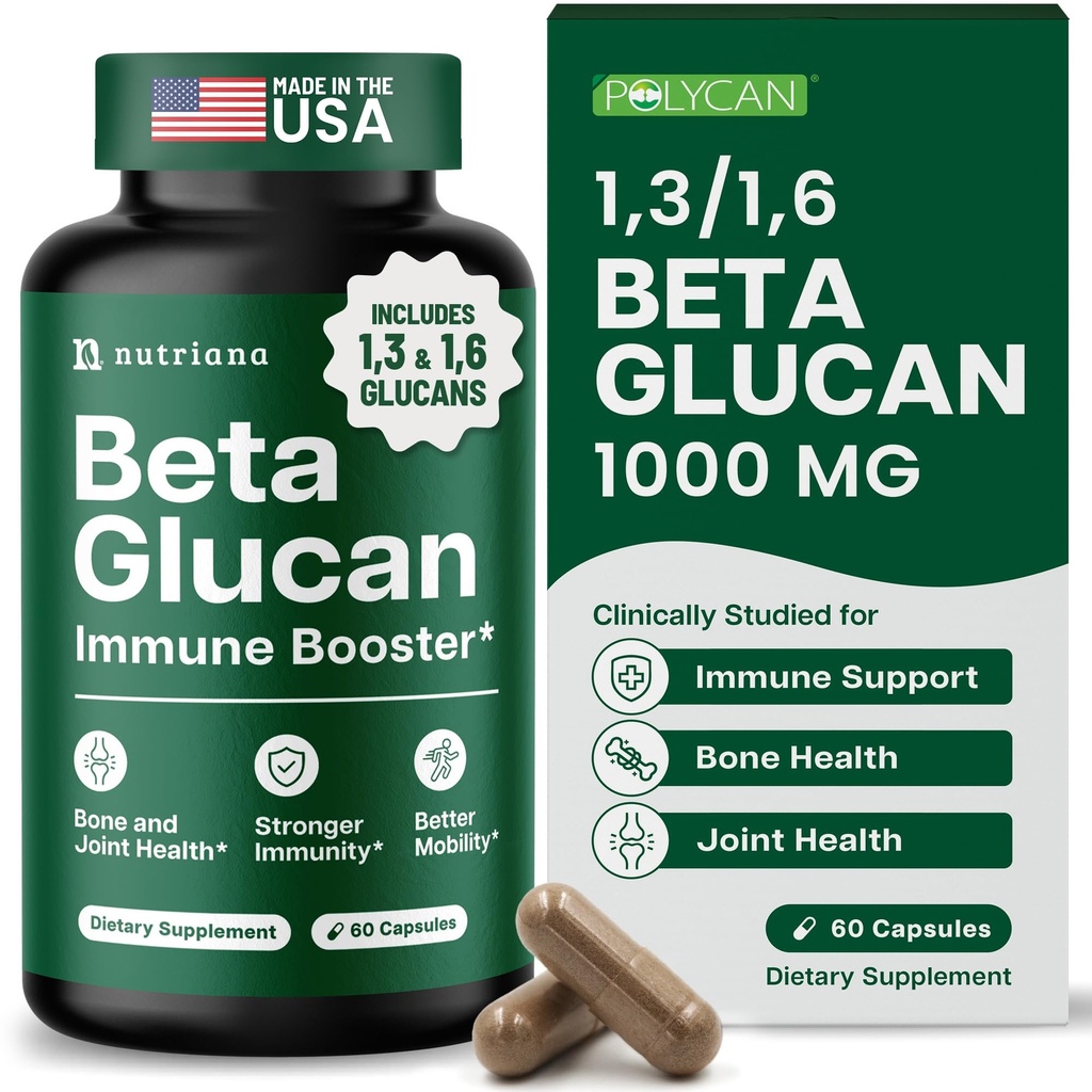 Nutriana Beta Glucan Supplements 1000mg – 1,3/1,6D Beta Glucan Capsules pour le soutien immunitaire – Supplément naturel de fibre de bêta Glucans – 60 Capsules de Veggie (60 Nombre, Non aromatisé)