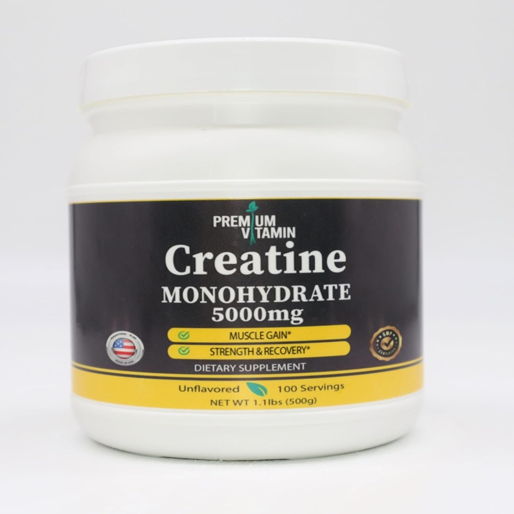 Poudre monohydratée de créatine - Gain musculaire et récupération - Poudre de créatine pure non aromatisée - 5g par scoop - 5000mg par portion - Supplément créatine pour les hommes et les femmes - 500 Grams