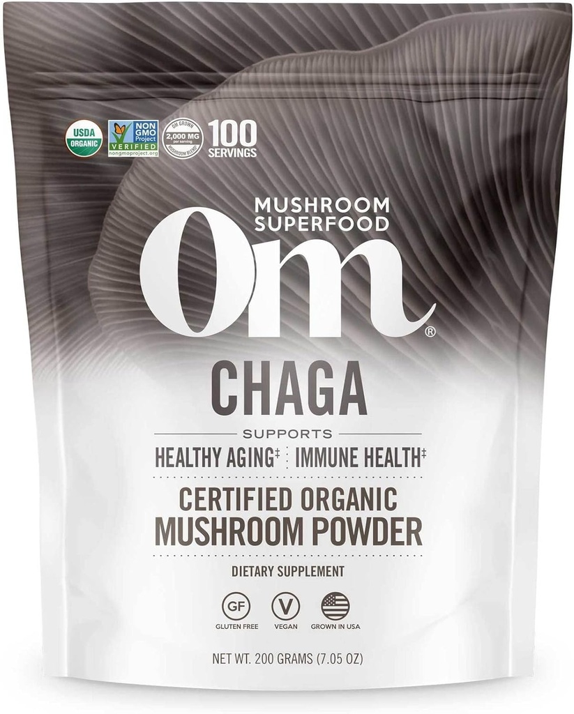 OM MUSHROOM SUPERFOOD Chaga Poudre de Champignon Biologique, 7.05 Ounce Pouch, 100 portions, É.-U. Grown, Antioxydants Sacrés & Immune Support, Supplément de Champignon Superfood