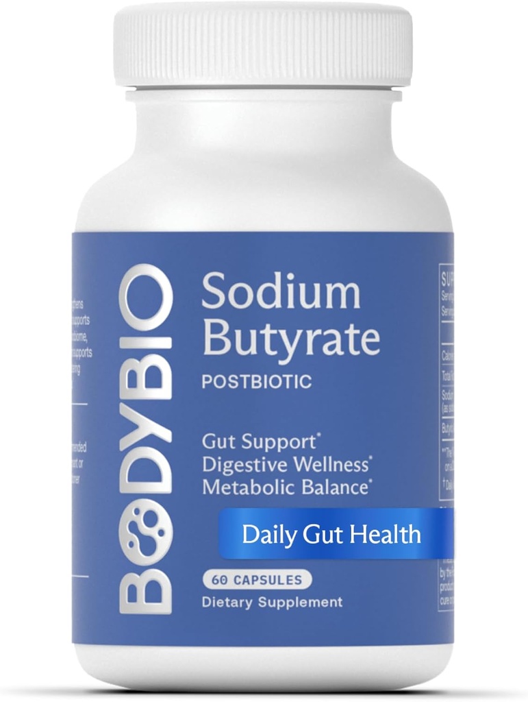 Butyrate de BodyBio - Postbiotique pour la santé de Gut, soutien digestif, dégel, gaz et soulagement de la constipation, réparation de Gut de fuite - Sodium + supplément d'acide butyrique pour GI Wellness