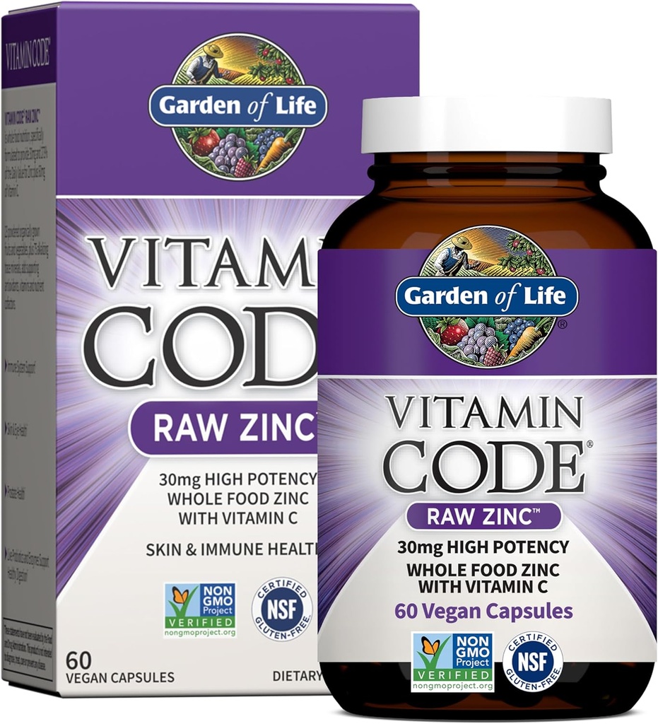 Garden of Life Suppléments de zinc 30mg Zinc brut à haute puissance et supplément multiminéral de vitamine C, code vitamine Vitamines Trace Minéraux et probiotiques pour la santé de la peau et le soutien immunitaire, 60 Capsules Vegan