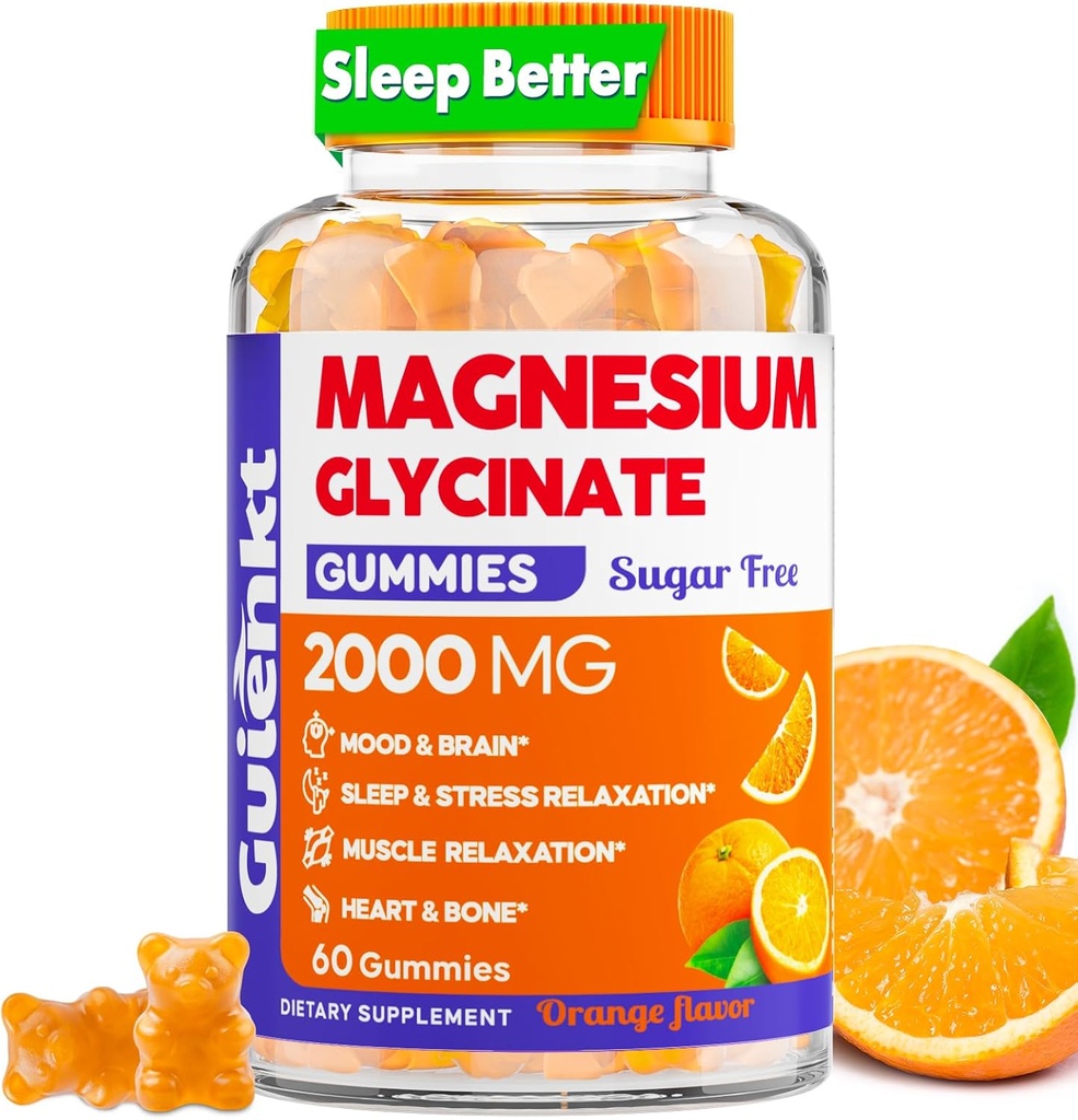 Gommies de magnésium glyciné 2000 mg, Gommies de magnésium sans sucre pour adultes pour le sommeil, Calme, Relaxation, Pectine à base, Arôme orange, 60 Gommies végétariennes