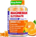 Gommies de magnésium glyciné 2000 mg, Gommies de magnésium sans sucre pour adultes pour le sommeil, Calme, Relaxation, Pectine à base, Arôme orange, 60 Gommies végétariennes