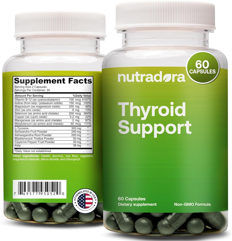 Thyroid Support for Women and Men - Thyroid Supplement with Iodine, Vitamin B12, Ashwagandha, Selenium and Zinc Supplements, GMP Certified, Formulated in USA, 60 Capsules (Pack of 1)