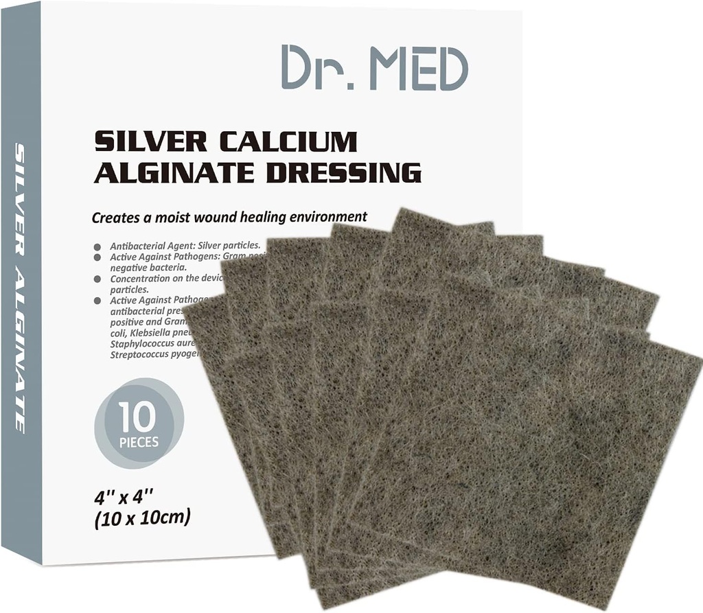 Dr. Med Silver Calcium Alginate Wound Dressing 4'x4'' Patches, 10 Pack individuel Haute Absorbance Ag Alginate Wound Bandage, non adhésif, suppression sans douleur pour littore, Ulcers, abrasions cutanées