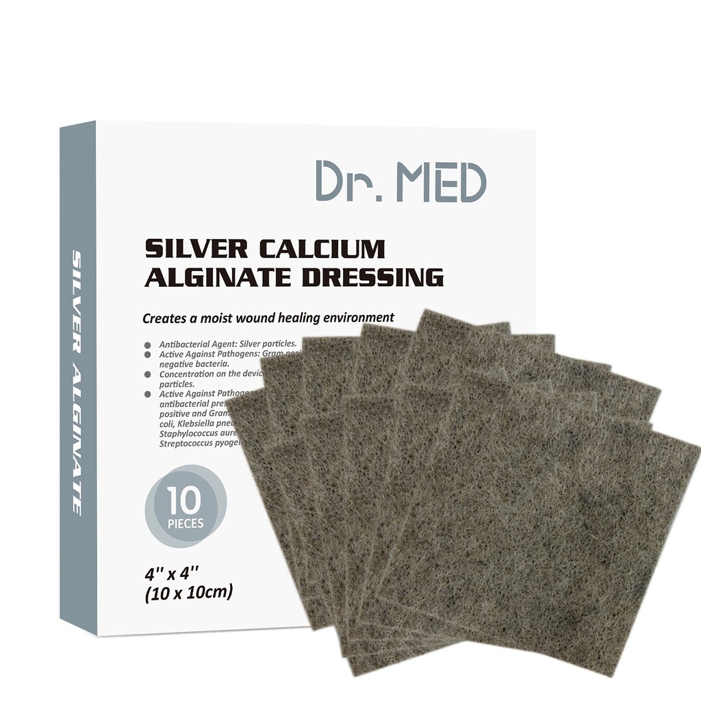 Dr. Med Silver Calcium Alginate Wound Dressing 4'x4'' Patches, 10 Pack individuel Haute Absorbance Ag Alginate Wound Bandage, non adhésif, suppression sans douleur pour littore, Ulcers, abrasions cutanées